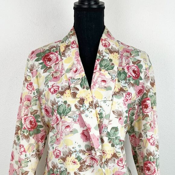 Vintage 80s Peabody House Floral Rose Print Blazer Jacket Pastel Longline Medium - Picture 3 of 10